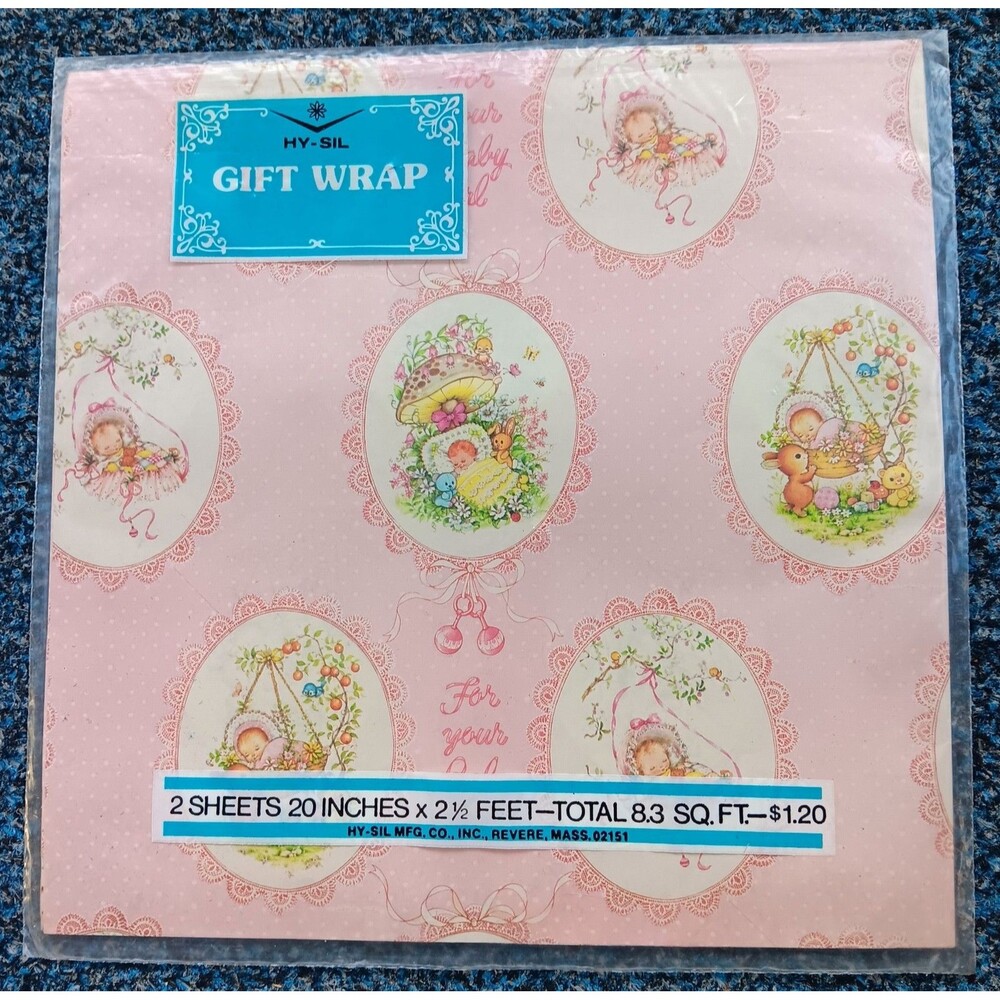 Vintage Hy-Sil Gift Wrap Wrapping Paper For Your Baby Girl Shower 2 Sheets 20x30